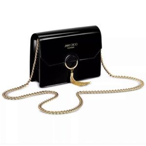 Jimmy Choo Black Patent Crossbody Bag Purse Gold Chain Strap Tassel Snap New